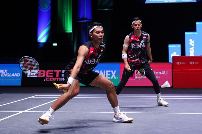 Aksi ganda putra Indonesia, Fajar Alfian/Muhammad Rian Ardianto, pada perempat final All England Open 2024, Jumat (15/3/2024)