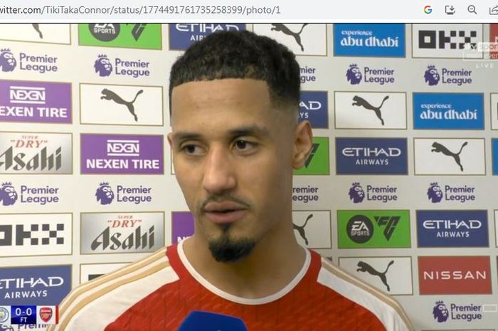 Wawancara William Saliba pasca-laga Man City vs Arsenal berakhir, Minggu (31/3/2024).