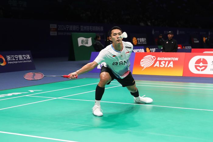 Tunggal putra Indonesia, Jonatan Christie, saat tampil pada babak pertama Kejuaraan Asia 2024 di Ningbo, China, 10 April 2024.