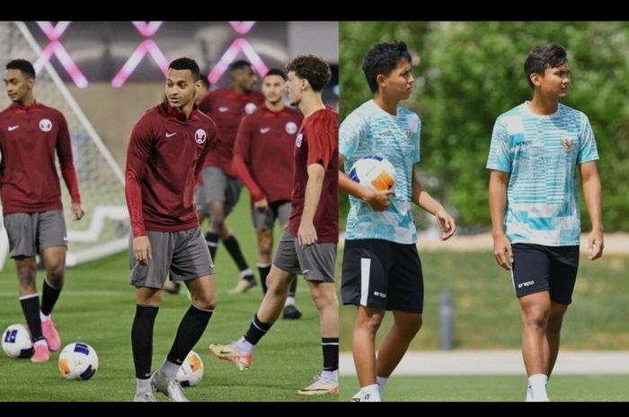 Skuad Timnas U-23 Qatar (kiri) dan skuad Timnas U-23 Indonesia (kanan), dalam sesi latihan jelang Piala Asia U-23 2024.