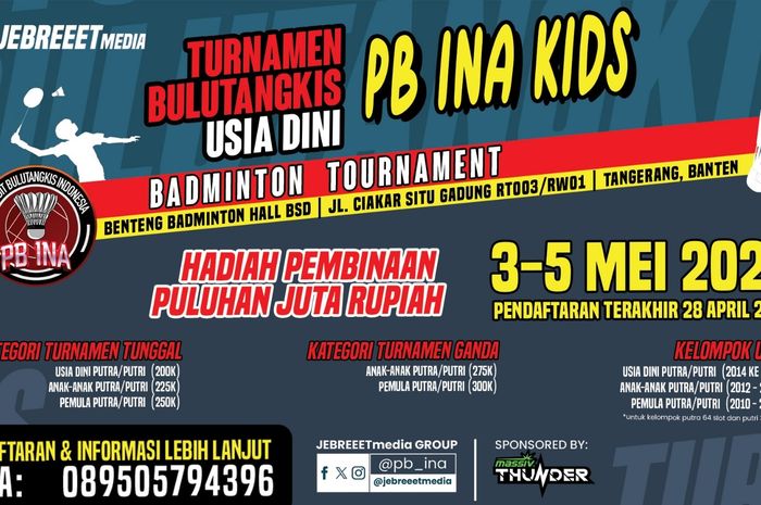 JebreeetMedia menggelar turnamen bulu tangkis usia dini PB INA Kids Badminton Tournament pada 3-5 Mei 2024.