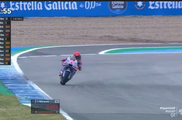 Marc Marquez (Gresini) saat mencatatkan lap tercepat pada sesi kualifikasi Q2 MotoGP Spanyol 2024 di Sirkuit Jerez, Spanyol, Sabtu (27/4/2024).