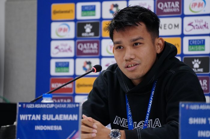  Witan Sulaeman hadir di konferensi pers jelang semifinal Piala Asia U-23 2024 antara timnas U-23 Indonesia Vs Uzbekistan,  Minggu (28/4/2024)