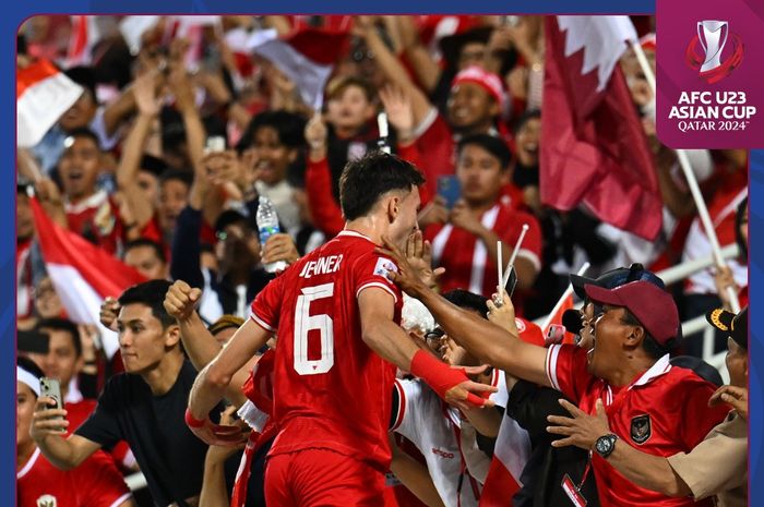 Pemain timnas U-23 Indonesia, Ivar Jenner melakukan selebrasi setelah membobol gawang Irak di Stadion Abdullah bin Khalifa, Doha, Qatar, Kamis (2/5/2024). 