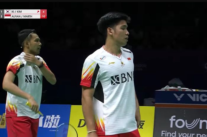 Pasangan ganda putra dadakan Indonesia, Fajar Alfian/Daniel Marthin saat diturunkan di partai keempat babak perempat final Thomas Cup 2024 antara Indonesia vs Korea Selatan di Hi-Tech Zone Sports Centre Gymnasium, Chengdu, Sichuan, China, Jumat (3/5/2024).