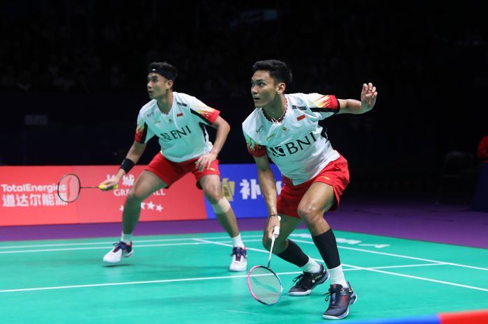 Aksi Muhammad Shohibul Fikri/Bagas Maulana pada perempat final Thomas Cup 2024 di Hi-Tech Zone Sports Centrem Gymnasium, Chengdu, Sichuan, China, Jumat (3/5/2024).