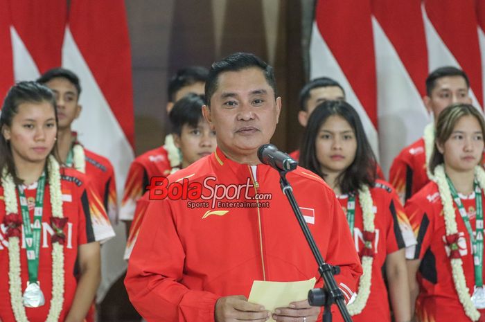 Sekretaris Jendral PP PBSI, Muhammad Fadil Imran, sedang memberikan sambutan di Terminal 3 VVIP Soekarno Hatta, Tangerang, Banten, Senin (6/5/2024).