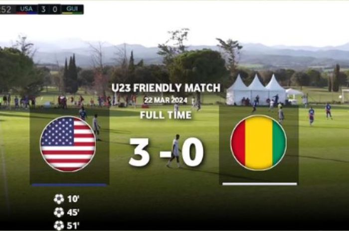 Timnas U-23 Guinea menelan kekalahan 0-3 dari Timnas U-23 Amerika Serikat dalam laga uji coba.