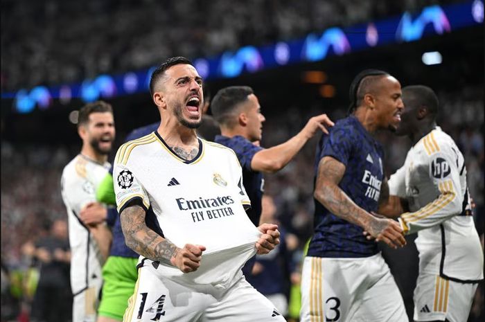 Joselu mencetak gol kemenangan Real Madrid atas Bayern Muenchen pada babak semifinal Liga Champions 2023-2024 di Stadion Santiago Bernabeu, Rabu (8/5/2024).