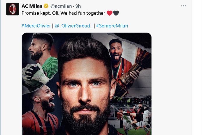 AC Milan mengucapkan selamat berpisah kepada Olivier Giroud di akun media sosialnya.