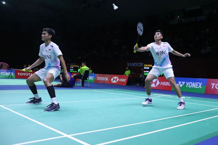 Ganda putra Indonesia, Muhammad Shohibul Fikri/Bagas Maulana, saat tampil pada babak 16 besar Thailand Open 2024 di Bangkok, Thailand, 16 Mei 2024.