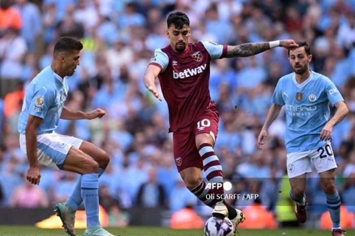 Gelandang West Ham, Lucas Paqueta, dalam laga melawan Manchester City di Liga Inggris, 19 Mei 2024.