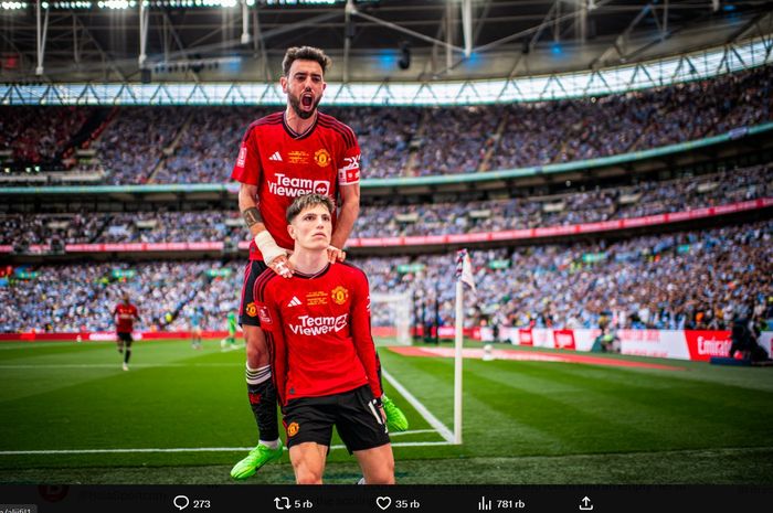 Alejandro Garnacho mencetak gol ke gawang Manchester City di final Piala FA, Sabtu (25/5/2024).