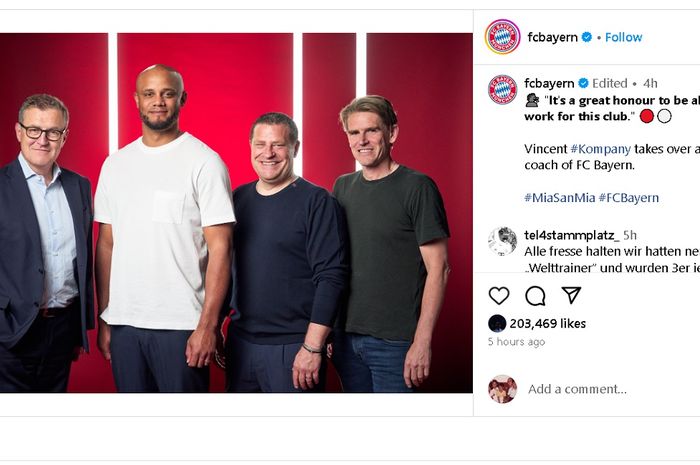 Pengumuman penunjukan Vincent Kompany sebagai pelatih baru Bayern Muenchen di media sosial.