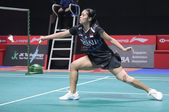 Pebulu tangkis tunggal putri Indonesia, Gregoria Mariska Tunjung, pada perempat final Singapore Open 2024 di Singapore Indoor Stadium, Jumat (31/5/2024).