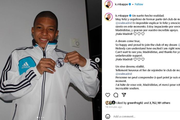 Kylian Mbappe mengumumkan transfernya ke Real Madrid dengan memasang foto masa kecilnya memakai seragam Los Blancos.