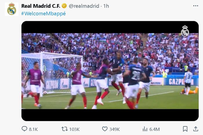 Real Madrid menyambut kedatangan Kylian Mbappe dengan mengunggah video cuplikan gol-gol sang penyerang. 