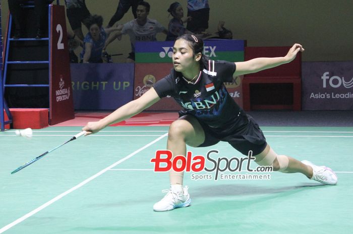 Tunggal Putri Indonesia Gregoria Mariska Tanjung saat tampil di Indonesia Open 2024, Istora Senayan, Jakarta (4/6/2024)