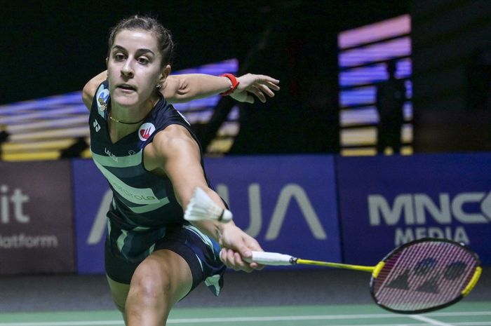 Pebulu tangkis tunggal putri Spanyol, Carolina Marin, pada semifinal Indonesia Open 2024 di Istora Senayan, Jakarta, Sabtu (8/6/2024).