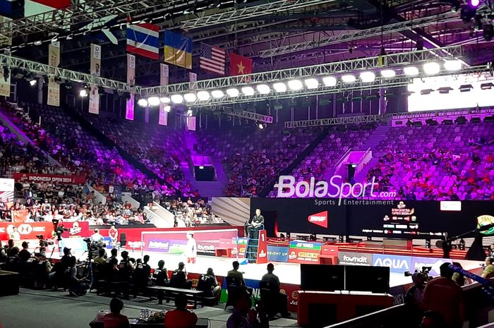 Suasana pertandingan final Indonesia Open 2024 di Istora Senayan, Jakarta, 9 Juni 2024. Merah Putih tidak memiliki satu  pun wakil di babak puncak dari turnamen BWF World Tour Super 1000 ini.