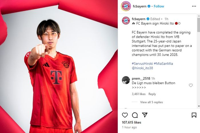 Bayern Muenchen mengumumkan perekrutan bek asal Jepang, Hiroki Ito, lewat media sosialnya.