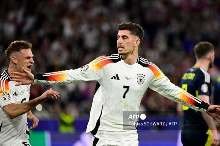 Kai Havertz merayakan gol Timnas Jerman ke gawang Skotlandia pada matchday 1 Grup A EURO 2024 di Stadion Allianz Arena, Jumat (14/6/2024).