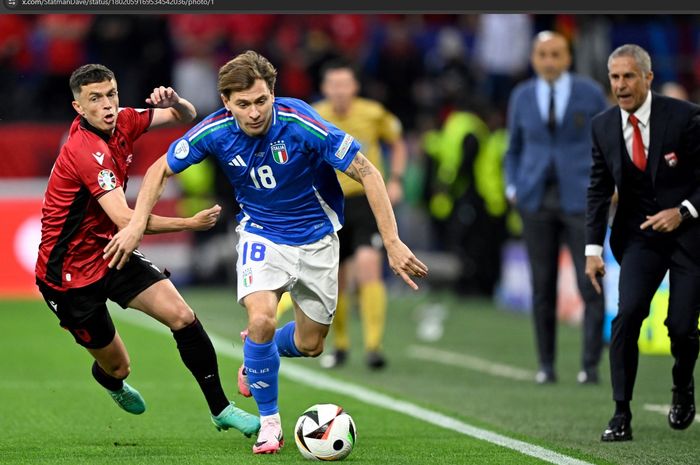 Gelandang Timnas Italia, Nicolo Barella, tampil apik dalam kemenangan comeback 2-1 atas Albania pada laga perdana Grup B Euro 2024, Minggu (16/6/2024) dini hari WIB.