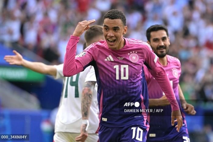 Selebrasi Jamal Musiala usai mencetak gol pembuka Timnas Jerman dalam kemenangan 2-0 atas Hongaria pada laga kedua Grup A Euro 2024.