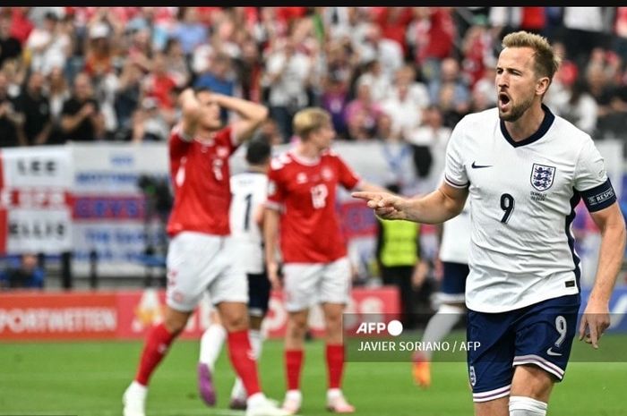 Aksi striker timnas Inggris, Harry Kane, pada laga kedua fase grup Euro 2024 melawan timnas Denmark di Deutsche Bank Park, Kamis (20/6/2024).