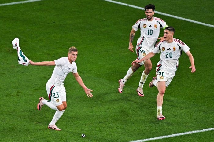 Kevin Csoboth (23) mencetak gol penentu kemenangan timnas Hungaria atas Skotlandia di menit ke-100 pada duel penutup Grup A Euro 2024 di Stuttgart Arena (23/6/2024).