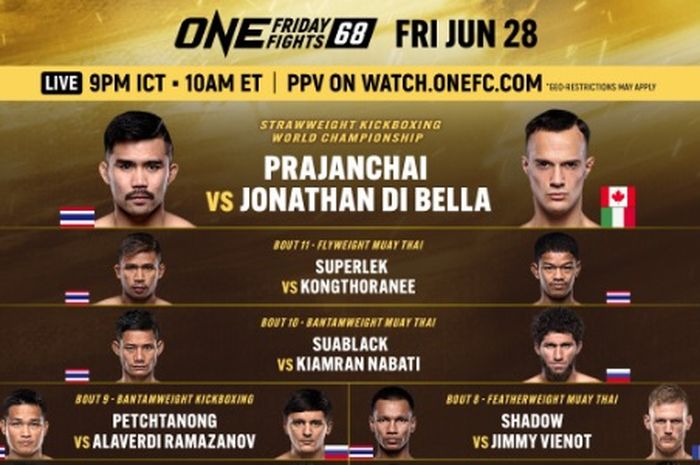 Prajanchai PK Saenchai menjadi raja 2 disiplin ONE Championship setelah mengalahkan Jonathan DI Bella pada laga utama ONE Friday Fights 68, Jumat (28/6/2024) di Bangkok.