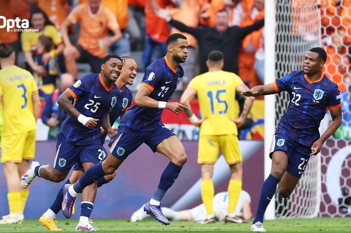 Momen Cody Gakpo merayakan gol usai membobol gawang Rumania saat Timnas Belanda menang 3-0 di babak 16 besar Euro 2024.