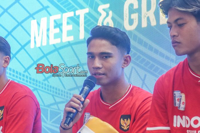 Pemain timnas Indonesia, Marselino Ferdinan, saat ditemui awak media di Pekan Raya Jakarta, Jakarta Utara, Kamis (4/7/2024).