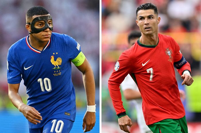 Kylian Mbappe (kiri) akan menghadapi idolanya, Cristiano Ronaldo, saat timnas Prancis menghadapi timnas Portugal di perempat final Euro 2024 (5/7/2024).