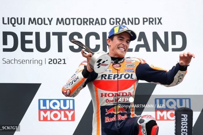 Marc Marquez melakukan selebrasi dalam kemenangan terakhirnya di Sachsenring pada MotoGP Jerman 2021