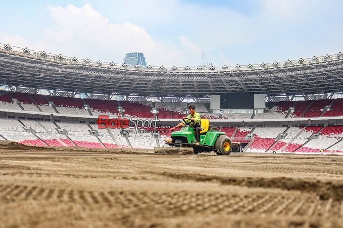 Proses sejumlah pekerja dalam revitalisasi rumput di Stadion Utama Gelora Bung Karno, Senayan, Jakarta, Rabu (10/7/2024).