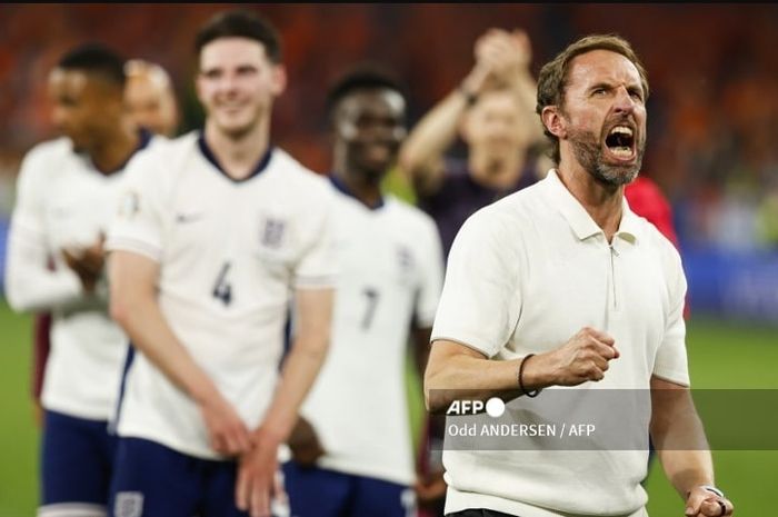 Reaksi Gareth Southgate pasca-kemenangan timnas Inggris atas Belanda pada semifinal Euro 2024 di Dortmund (10/7/2024).