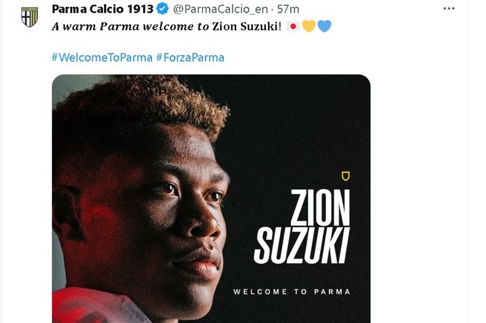 Pengumuman transfer Zion Suzuki ke Parma dalam media sosial klub pada Senin (15/7/2024).