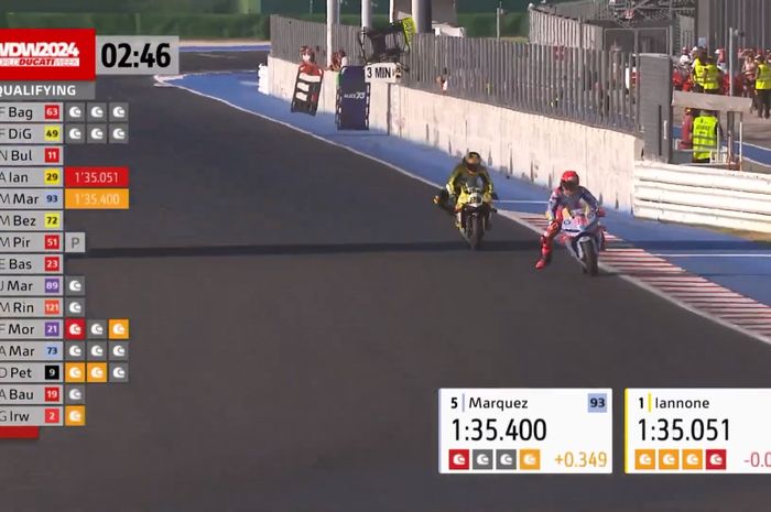 Andrea Iannone merebut pole position pada kualifikasi Race of Champions di Sirkuit Misano, Rimini, Italia, 26 Juli 2024. The Maniac mencetak waktu lap tercepat setelah mencuri angin di belakang Marc Marquez. 