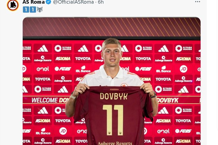 AS Roma secara resmi mengumumkan perekrutan striker Artem Dovbyk dari Girona di akun media sosialnya, Sabtu (3/8/2024) WIB.