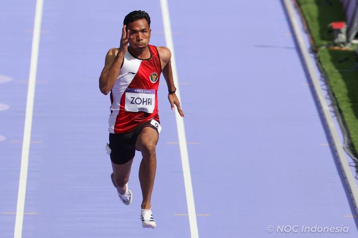 Sprinter Indonesia, Lalu Muhammad Zohri, pada babak preliminary heat 5 Olimpiade Paris 2024 di Stade de France, Paris, Prancis, Sabtu (3/8/2024),Sabtu (3/8/2024).