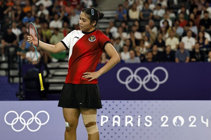 Reaksi tunggal putri Indonesia, Gregoria Mariska Tunjung, saat tampil pada semifinal Olimpiade Paris 2024 di Paris, Prancis, 4 Agustus 2024.