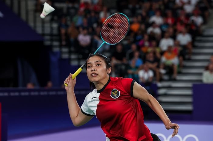 Aksi tunggal putri Indonesia, Gregoria Mariska Tunjung, saat tampil pada semifinal Olimpiade Paris 2024 di Paris, Prancis, 4 Agustus 2024.