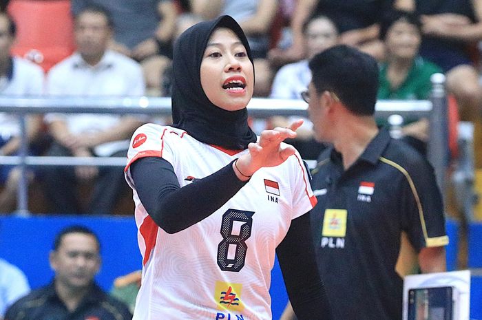 Pebola voli putri Indonesia, Megawati Hangestri Pertiwi, pada laga kedua SEA V League 2024 kontra Vietnam di di Vinh Phuc Gymnasium, Vietnam, Sabtu (3/8/2024).