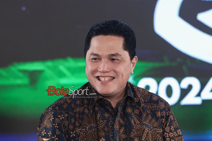 Ketua Umum PSSI, Erick Thohir, saat memberikan sambutan di BRI Center, Sudirman, Jakarta, Selasa (6/8/2024).