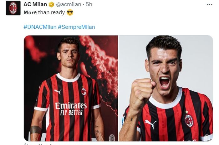 Striker baru AC Milan, Alvaro Morata, akhirnya tiba di Milanello pada Jumat (9/8/2024).  