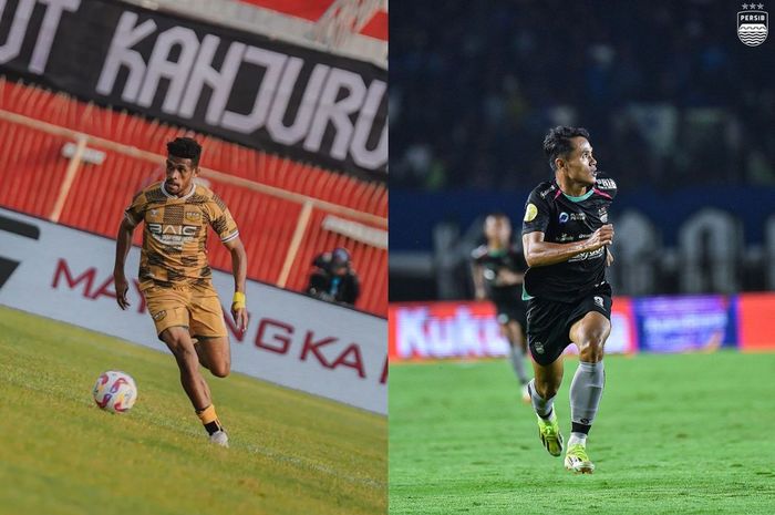 Kolase foto pemain Dewa United, Ricky Kambuaya, dan striker Persib Bandung, Dimas Drajad, saat membela timnya di Liga 1 2024/2025.