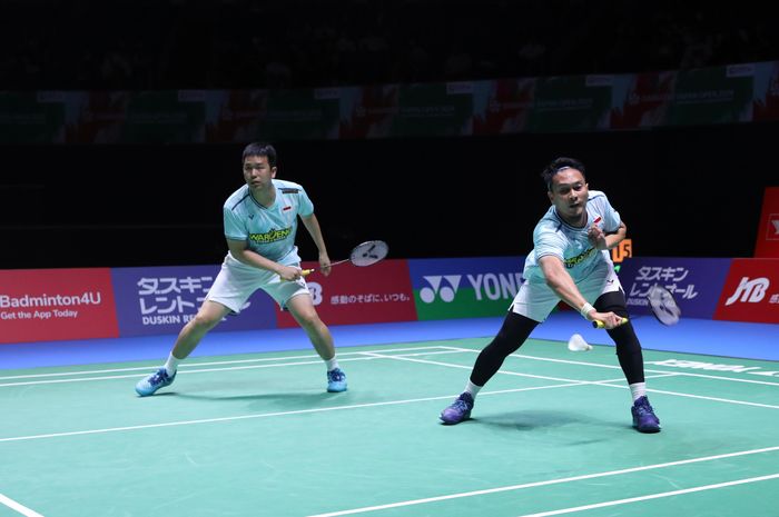 Aksi ganda putra Indonesia, Mohammad Ahsan/Hendra Setiawan pada babak pertama Japan Open 2024, Selasa (20/8/2024)