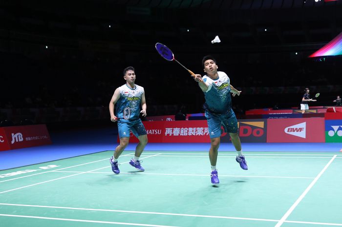 Aksi ganda putra Indonesia, Sabar Karyaman Gutama/Moh Reza Pahlevi Isfahani pada babak pertama Japan Open 2024, Selasa (20/8/2024)