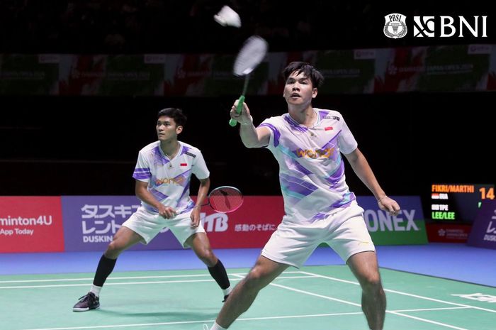 Ganda putra Indonesia, Muhammad Shohibul Fikri/Daniel Marthin, saat tampil pada babak kedua Japan Open 2024 di Kanagawa, Jepang, 22 Agustus 2024.